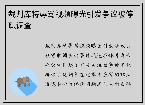 裁判库特辱骂视频曝光引发争议被停职调查